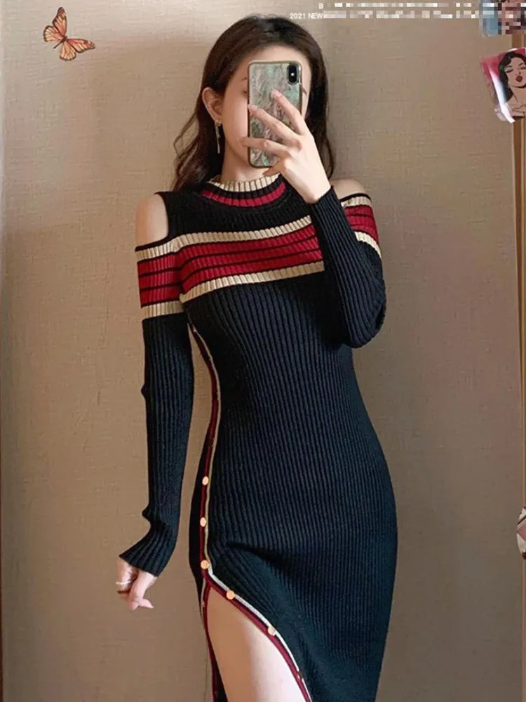 

2022 Sexy Dress Ladies Party Fashion Off Shoulder Color Block Striped Sheath Knitted Dresses Womens Elegant Sweater Split Dress