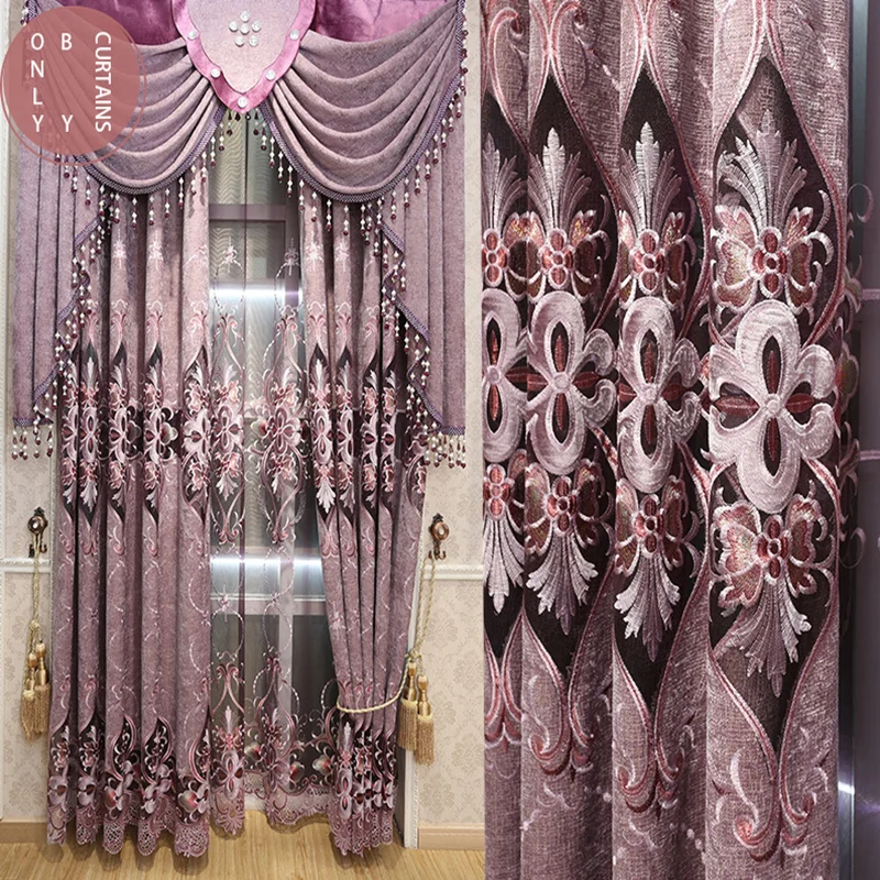 

European Style Luxury Curtain Embroidered Purple Fancy Window Blackout for The Living Room Bedroom Backdrop Curtains Custom