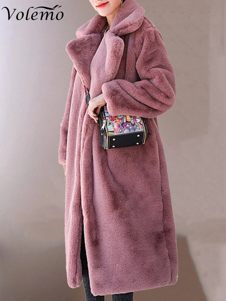 Winter Women High Quality Faux Rabbit Fur Coat Luxury Long Fur Coat Loose Lapel OverCoat Thick Warm Plus Size Female Plush Coats