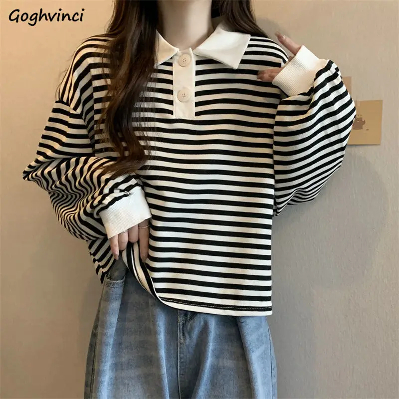

Turn-down Collar T-shirts Women Striped Cute Schoolgirls Korean Style Loose All-match Simple Long-sleeved Spring Fashion Tees