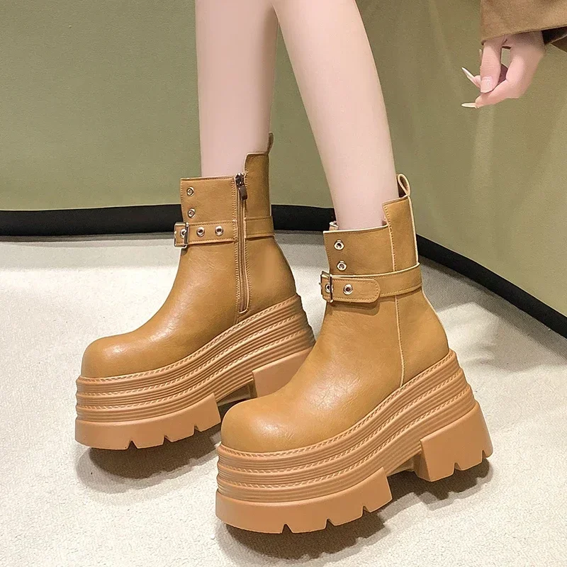 Женские кожаные полусапожки на высокой платформе 10 см зима-осень британская