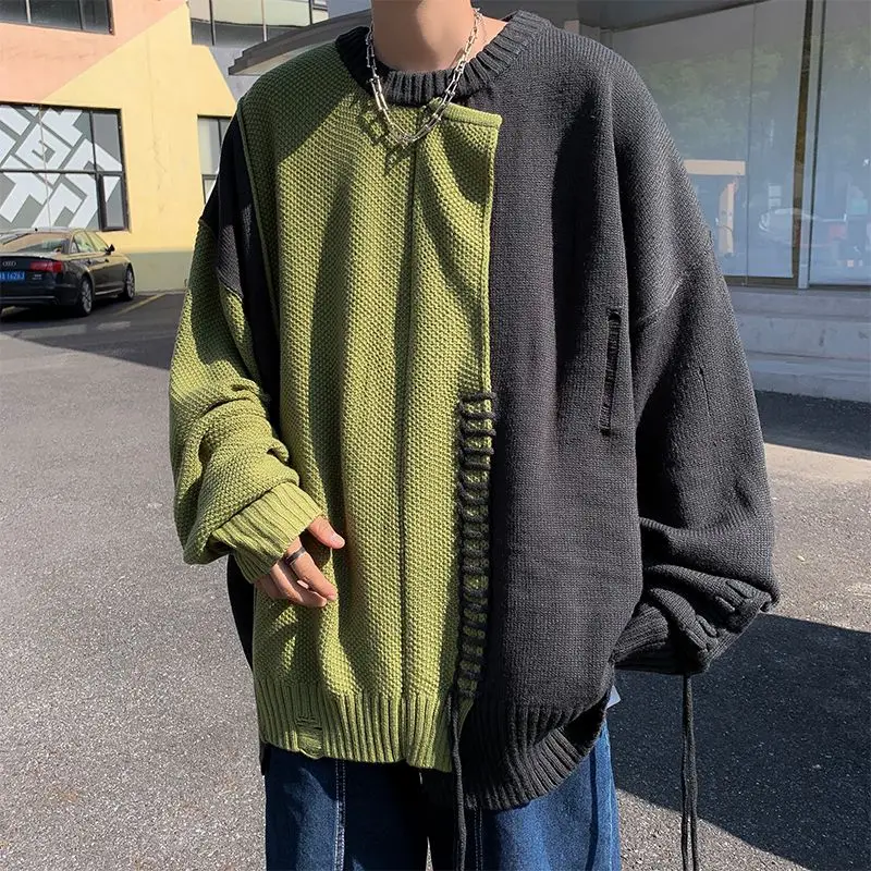 Patchwork Men's Sweater With Pattern Vintage Harajuku Paired Japanese stylesystemClothes Knitted Pullovers New Year Pullover