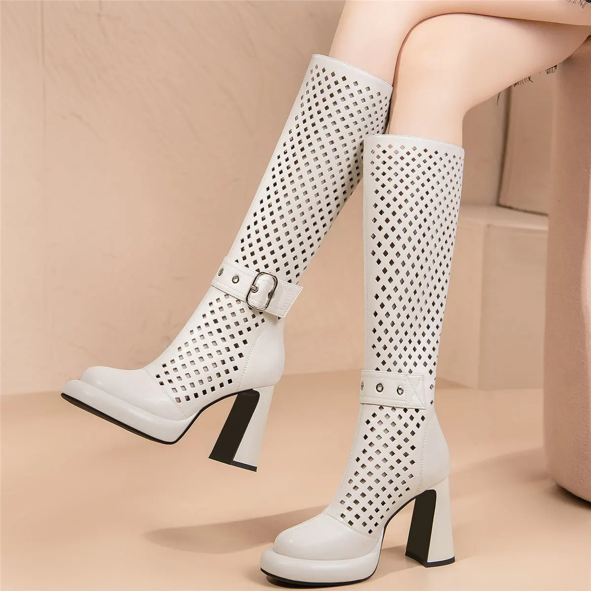 2023 Summer Platform Pumps Shoes Women Hollow Genuine Leather Thigh High Boots Female Round Toe Gladiator Sandals Casual Shoes