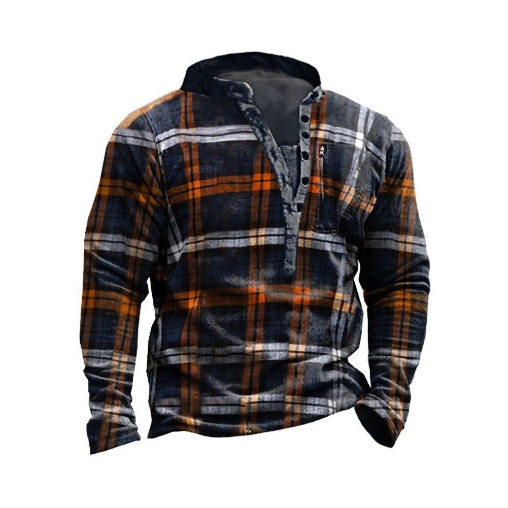 

Fashion Sweatshirt Man Long Sleeve Tops Autumn Spring Pullovers Casual Loose Plaid Shirts Vintage Buttons V-Neck Top Men Clothes