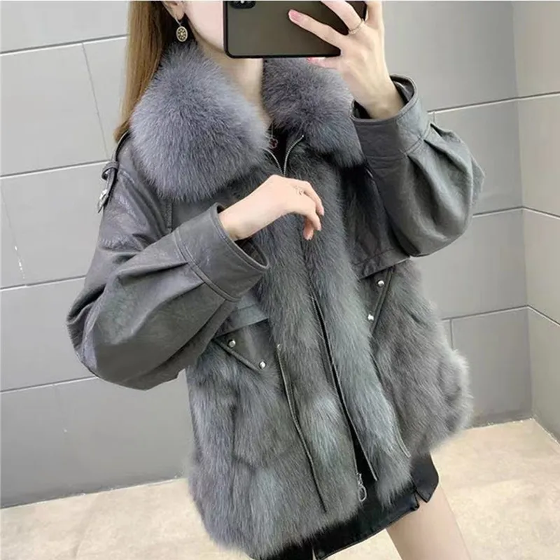 New Women Coats Winter Ladies Faux Sheepskin Leather Jacket Imitation Fox Fur Collar Female Outwear Casual Thicken Warm Coats A1