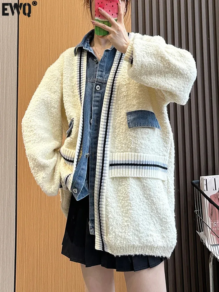 

Женский джинсовый Кардиган с длинным рукавом [EWQ], свободный винтажный кардиган из овечьей шерсти, куртка с нашивкой на осень и зиму, новинка 2023, одежда 16U3688