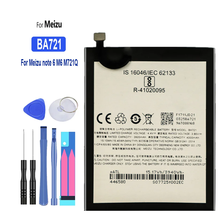 

High Quality Battery for Meizu M6 Note Cell Phone, Free Tools, M721H, M721L, M721Q, BA721, 4000mAh