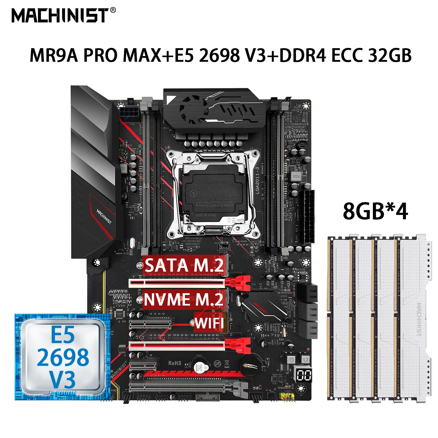 

MACHINIST MR9A PRO MAX комплект материнской платы LGA 2011-3 с комплектом Xeon E5 2698 V3 процессор DDR4 4*8 ГБ = 32 Гб 2133 МГц Память ОЗУ NVME M.2 SATA