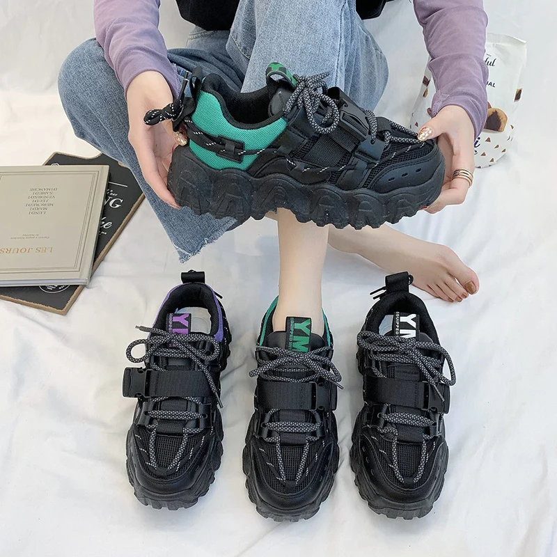 Fashion Buckle Chunky Sneakers Women 2022 Breathable Mesh Thick Sole Platform Sneakers Woman Lace Up Running Casual ShoesWomen's