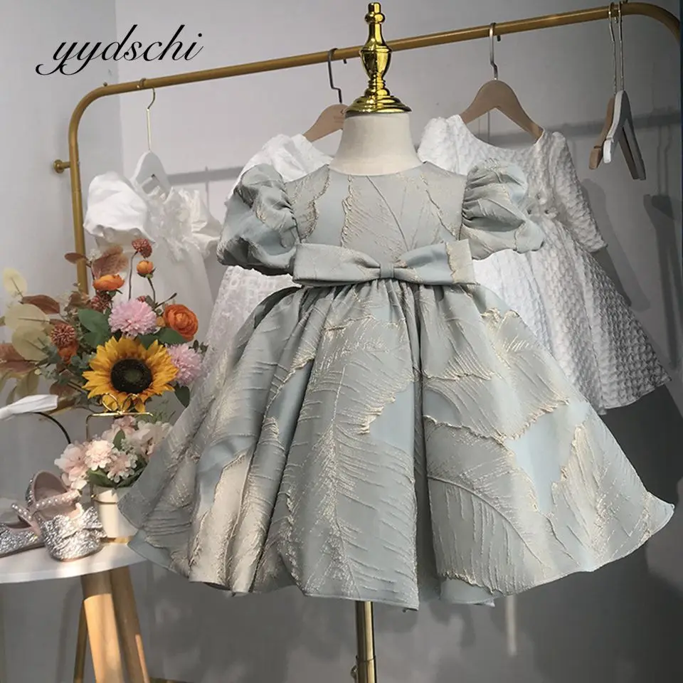 

2022 Satin Flowers Girls Dresses Bow Short Sleeves Ball Gowns O-Neck Birthday Party Summer Cute Dress Vestidos De Novia