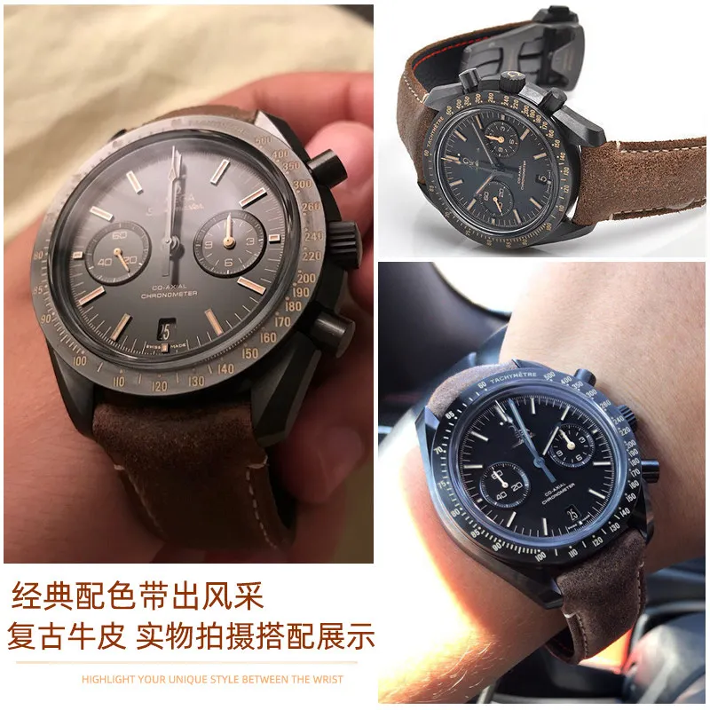 Фото Винтажный ремешок для часов из телячьей кожи 21 мм для Omega Speedmaster Dark Side of the Moon серии 311, мужской кожаный браслет черного, коричневого и серого цветов. №3