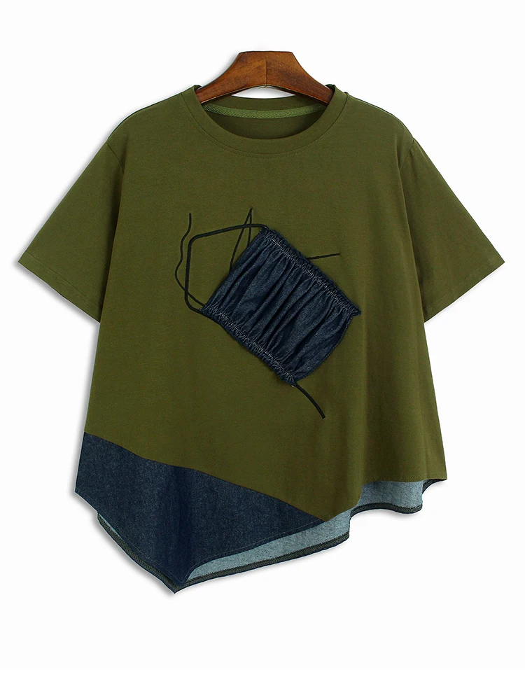 Женская Асимметричная джинсовая футболка черная плиссированная большого