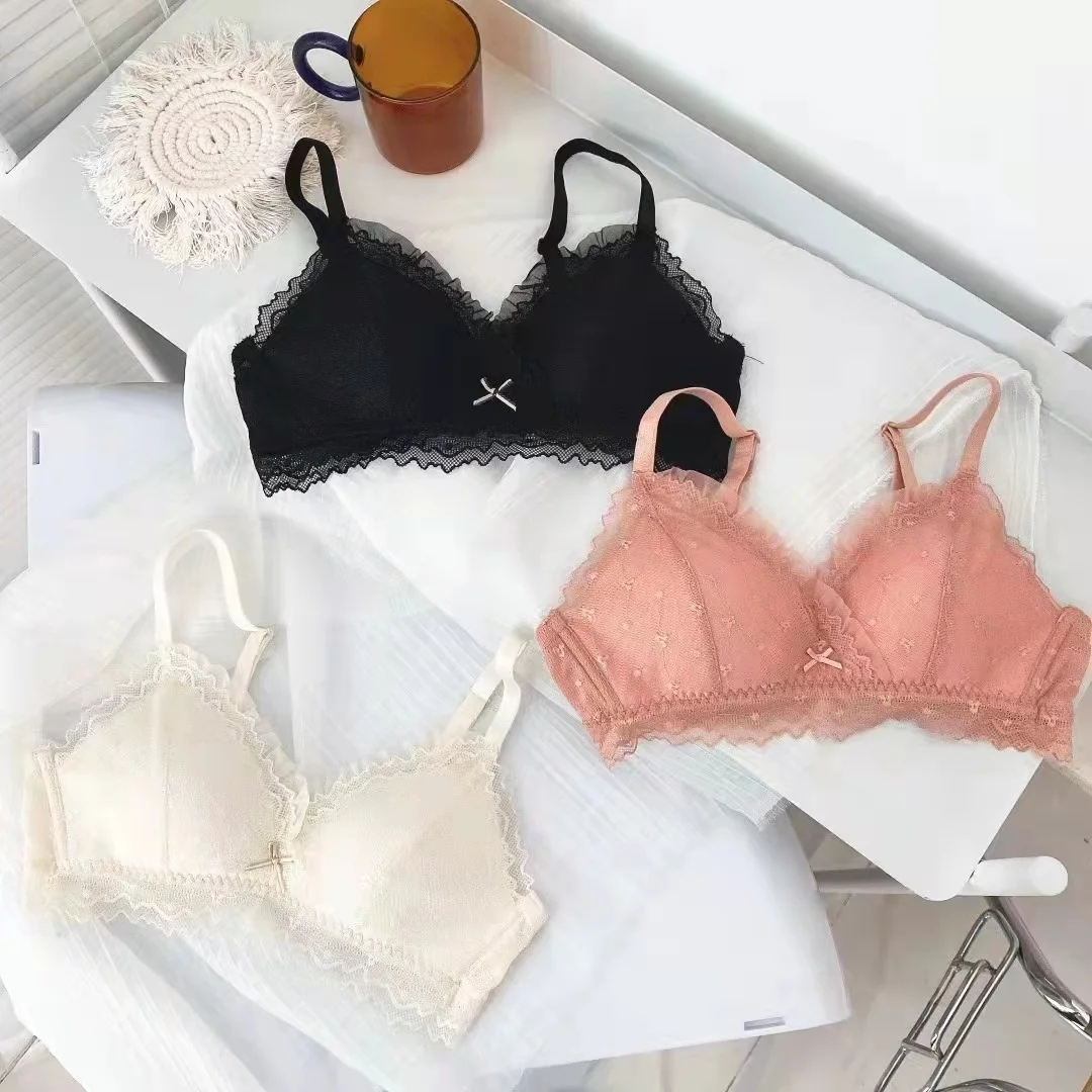 

Romantic Sweet Girl Lace Women's Bra Summer Thin Hollow Out Sexy Underwear Small Chest Gathered Push Up Bras Seamless Lingerie