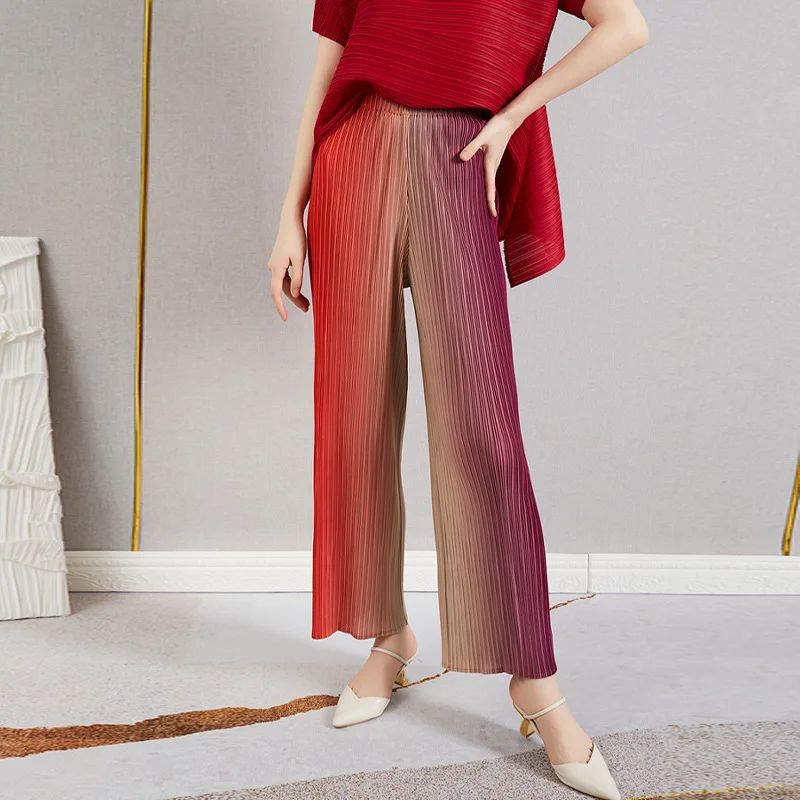 Miyake pleated wide-leg pants summer women's high-waist drape high-end temperament gradient red fashion all-match casual pants