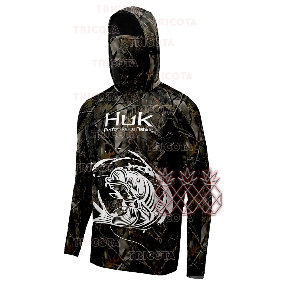 

HUK Fish Shirts Camouflage Sun Protection Breathable Neck Fishing Clothing Men Moisture Wicking Quick Dry Fish Hooded Mask Tops