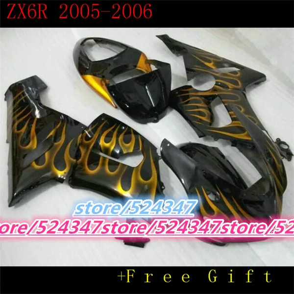 

Market hot sales for Ninja ZX6R 05 06 ZX6R, 636, 2005, 2006 smooth ink black motorcycle fairing of orange flame-Fei