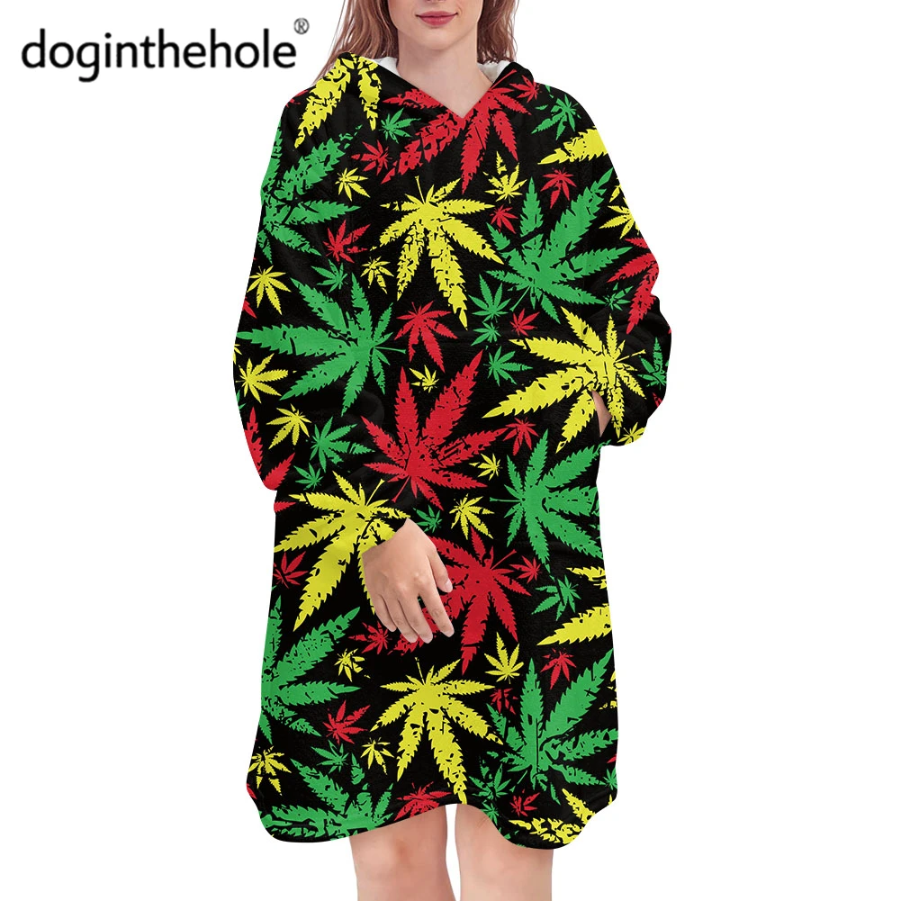 

Fashion Women Hooded Sleepwear Weed Leaves Print Oversized Nightdress for Female Winter Warm Comfort Onesies Home Pajamas 2022