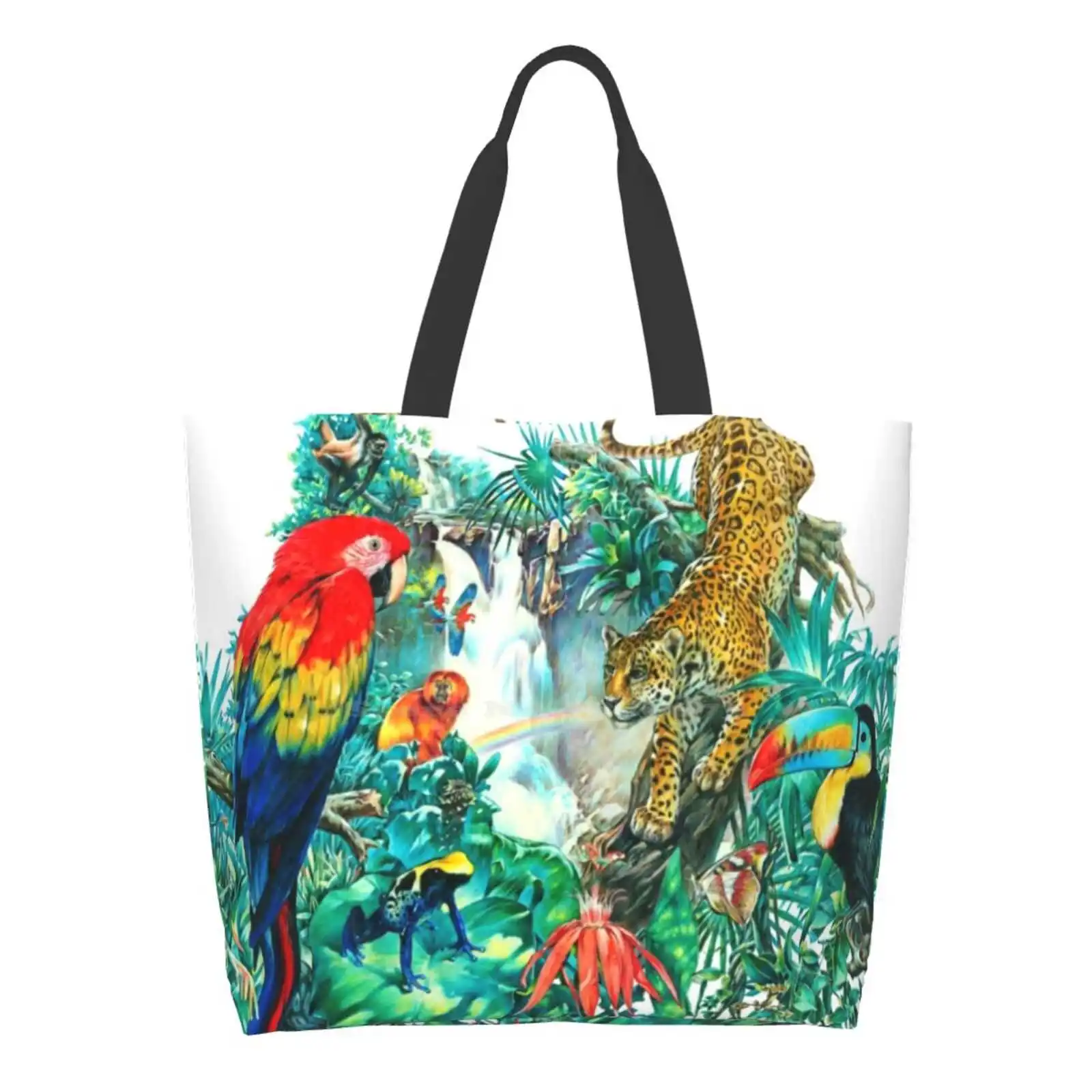 

Tropical Rainforest Shopping Bags Fashion Casual Pacakge Hand Bag Toucan Macaw Frogs Poison Dart Frog Monkey Rainforest