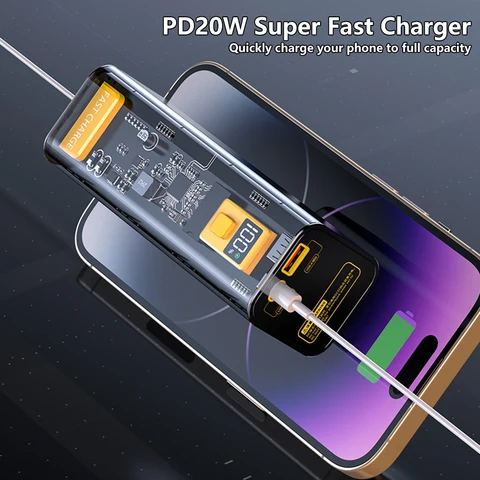 PD/QC 22,5 Вт, 40000 мАч, прозрачный Внешний аккумулятор в стиле панк с цифровым дисплеем, Мультипротокольная Зарядка для телефона, ноутбука 18650/21700, быстрая зарядка, внешний аккумулятор