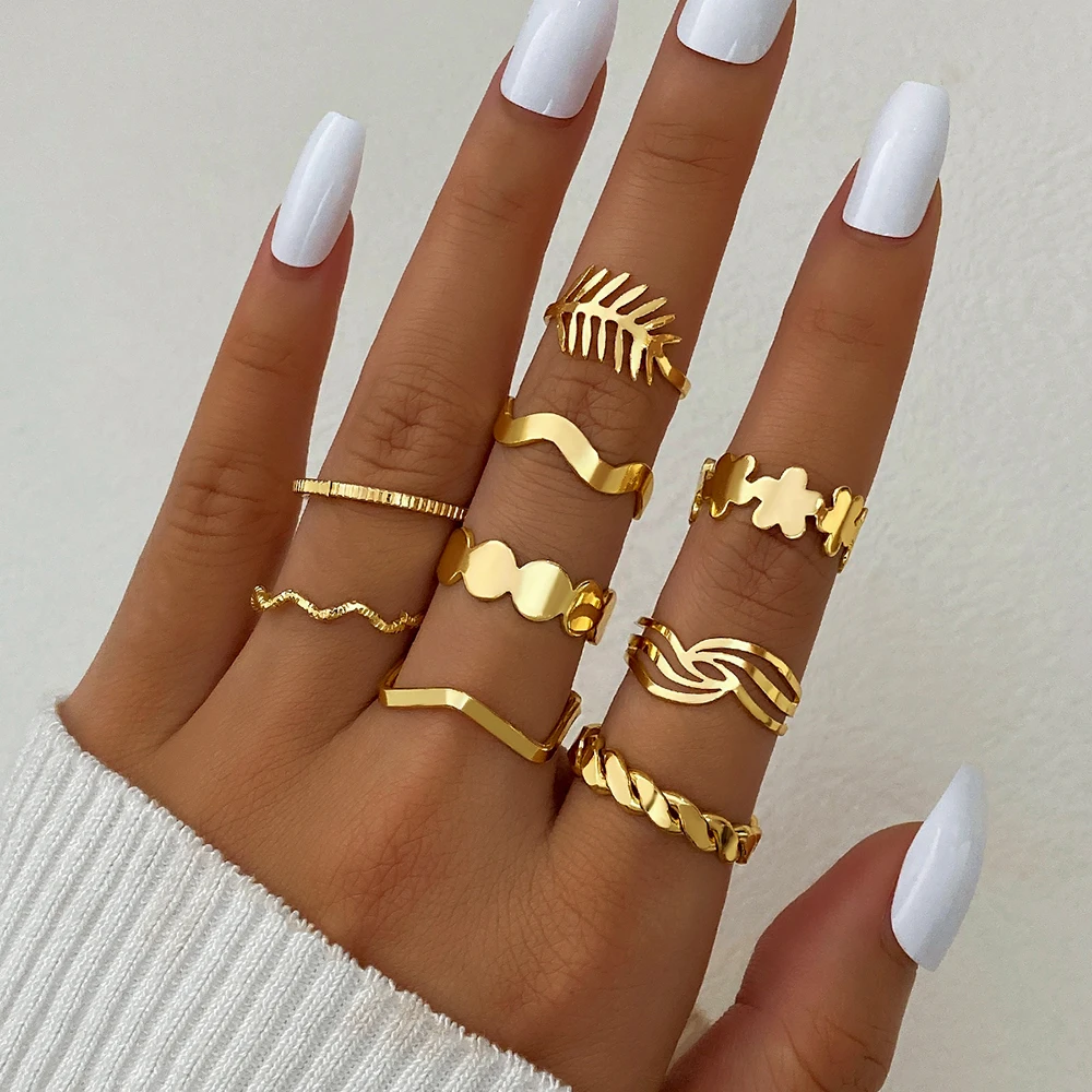 

IFMIA Vintage Gold Color Round Geometric Joint Rings Set for Women Minimalist Flower Leaf Metal Knuckle Ring Jewelry