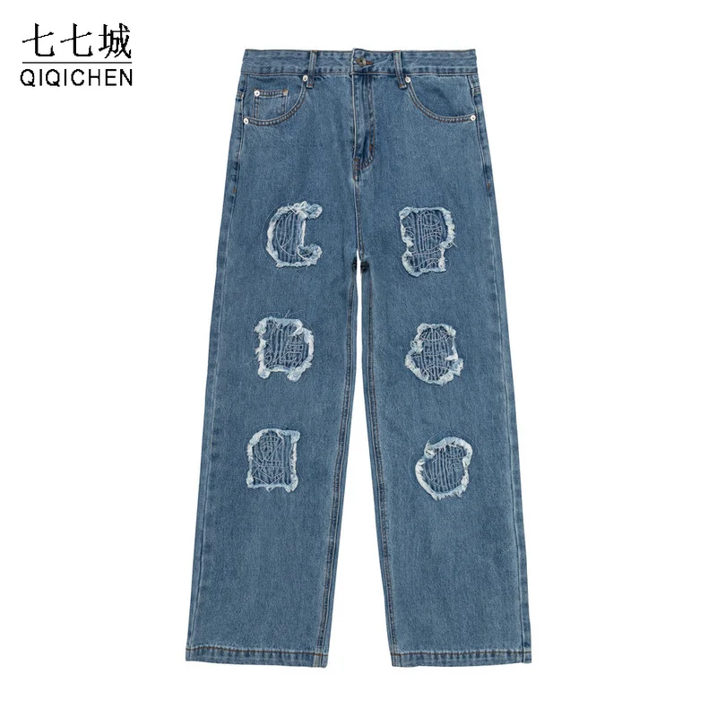 Letter Embroidery Denim Pants Men Harajuku Streetwear Vibe Style Baggy Washed Jeans Distressed Patch Trousers Unisex 2022 Autumn