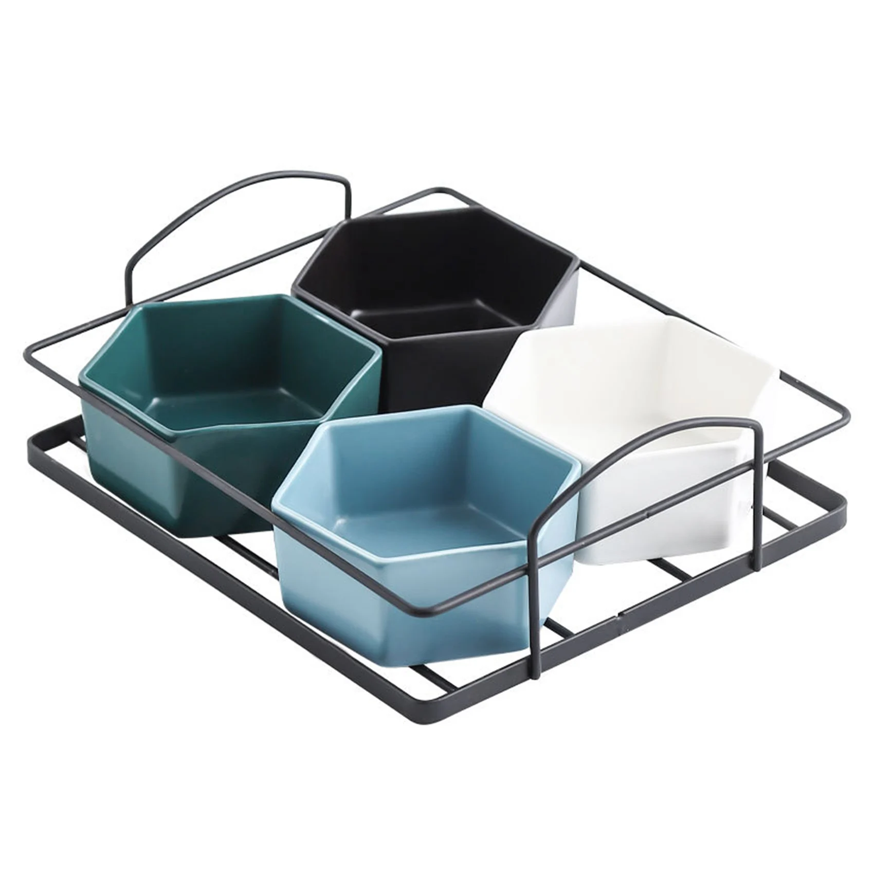 

4 Grid Ceramic Candy Dish Set with Iron Tray Nordic Snack Fruit Plate Party Food Server Display Set Gridded Serving Tray