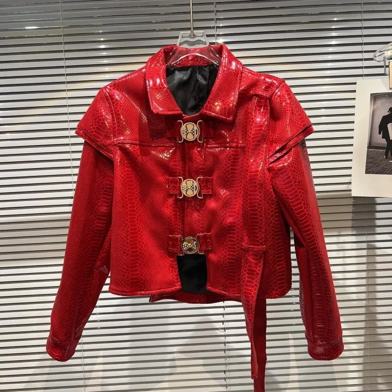 BORVEMAYS PU Leather Jacket Women 2023 Autumn New Fashion Trend Lapel Long Sleeve Single-breasted Streetwear Coat WX185