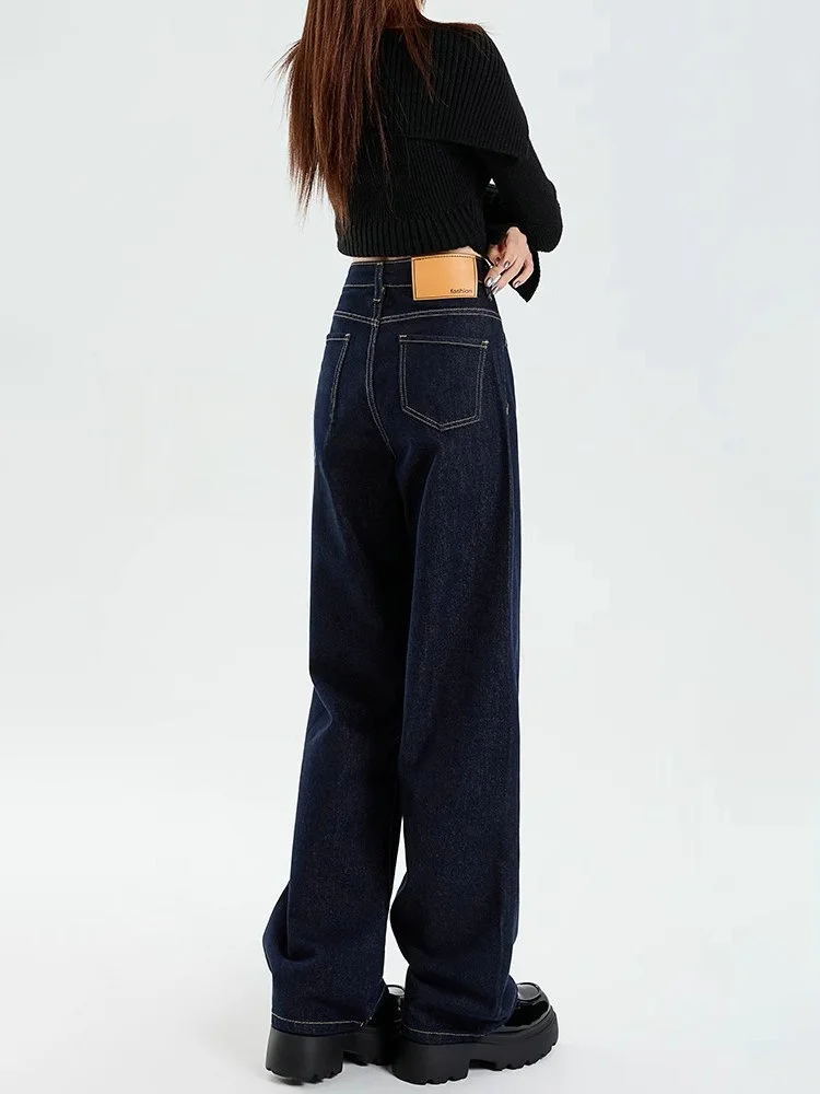 Idolera Dark Blue Narrow Wide Leg Jeans Women Autumn and Winter 2024 New Retro Slimming High Waist Straight Pants