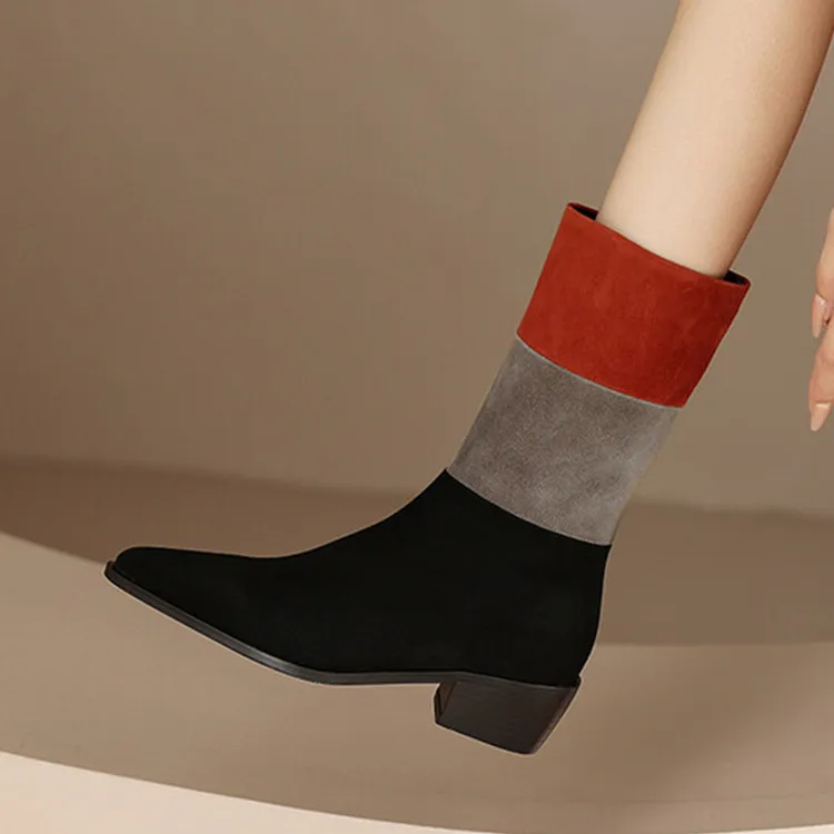 

2022New Fashion Women Short Boots Pointed Toe Black Mixed Red Autumn Bottines Femmes Slip On Med Heels Winter Riding Botas Mujer