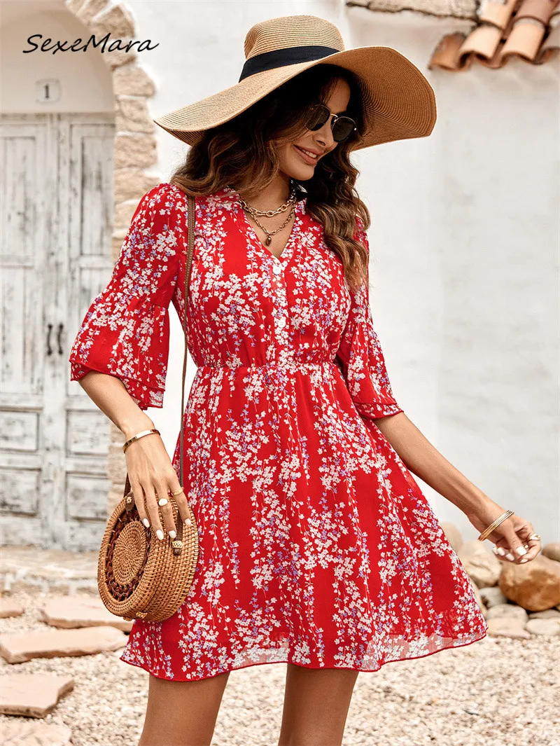 

Летнее платье с принтом Bohe, женские сексуальные модные повседневные платья с коротким рукавом, 2023