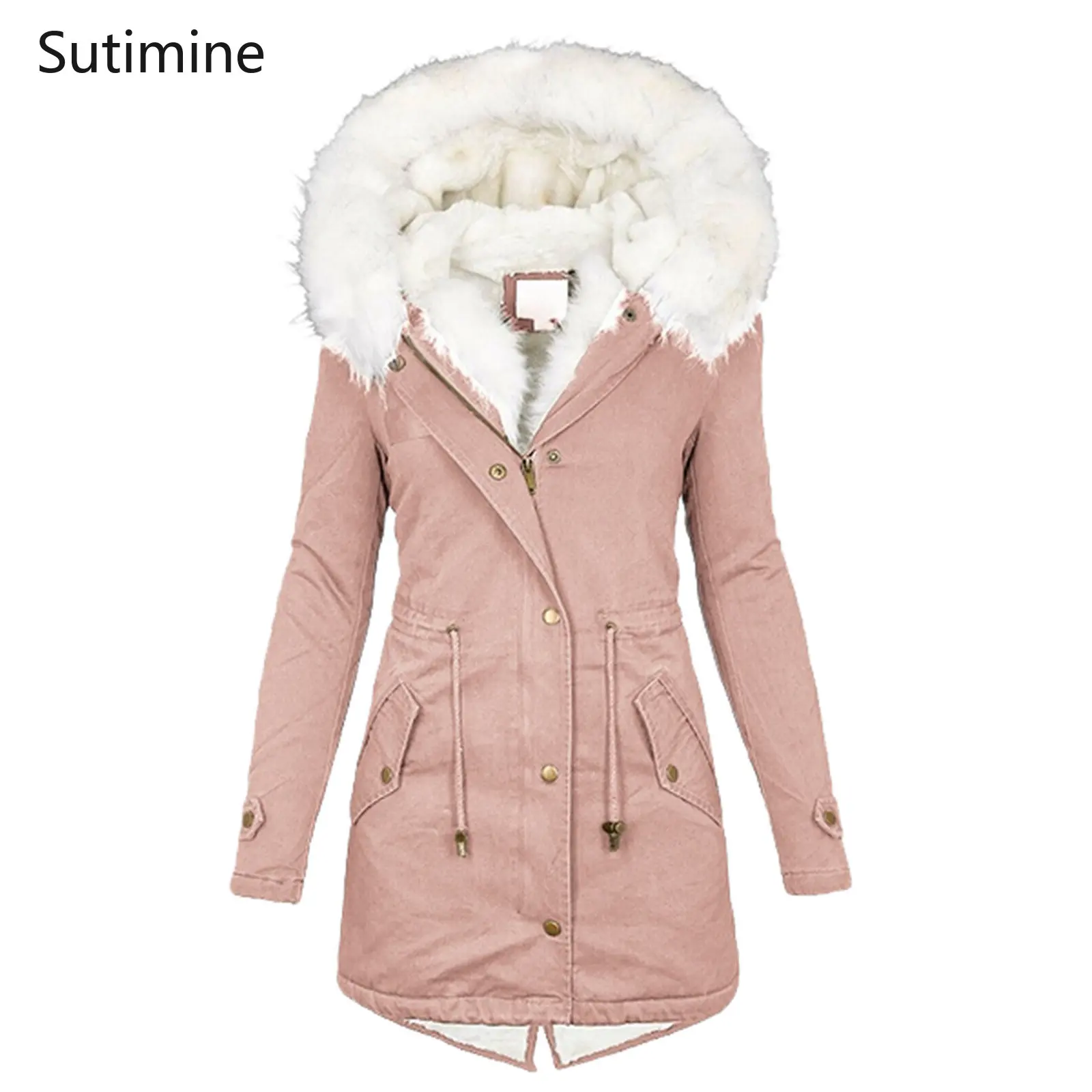 Winter Coat for Women Office Lady Women's Parka Medium Long Windbreaker White Fur Collar Hooded Warm Plush Coat Zipper Coat