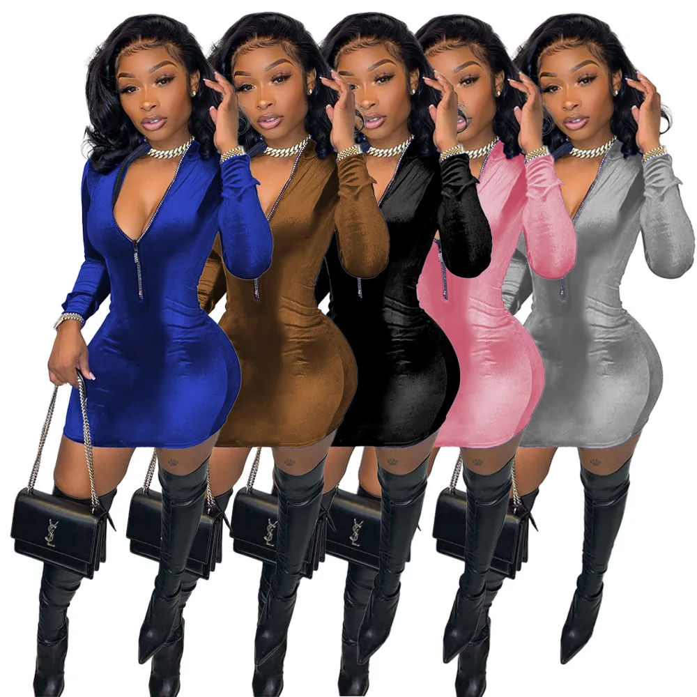 

69Y9088 Spring Clothes for Women New V-neck Sexy Zipper Velvet Casual Solid Color Fashion Tight Midi Dresses for Women