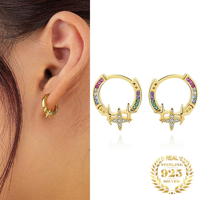 

Trendy Fine Jewelry 2022 Stars Earrings Women Round CZ 925 Sterling Silver 18k Gold Colorful Zircon Hoop Earrings Drop For Women