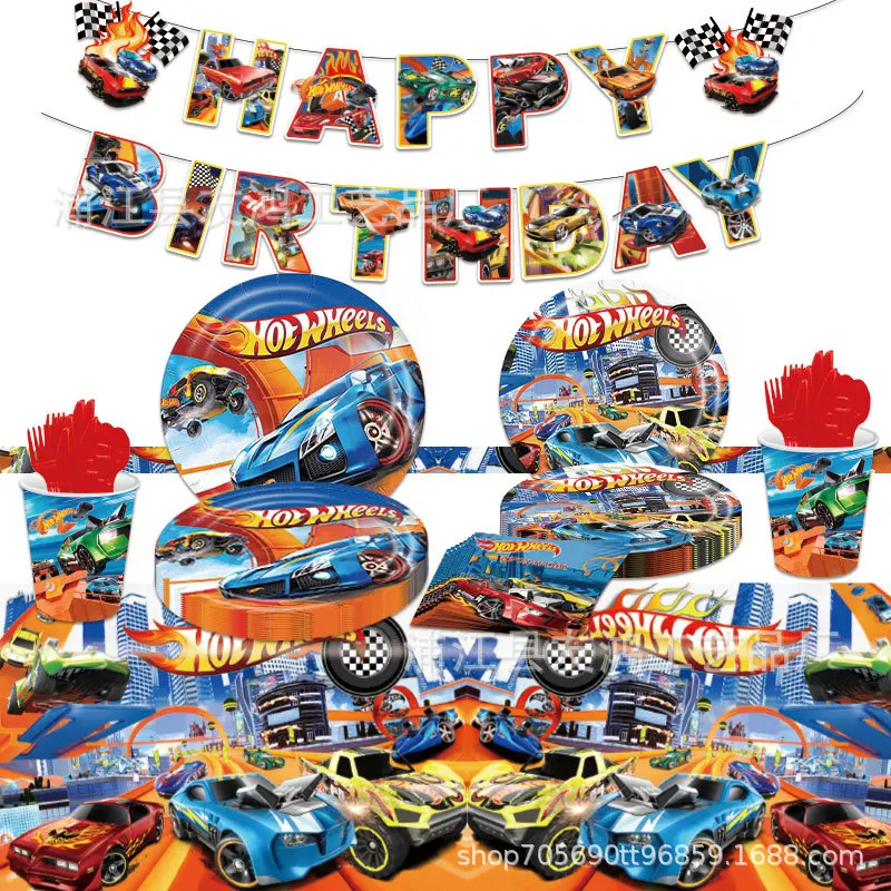 

Hot Wheels Party Decorations Race Car Birthday Supplies Balloon Cake Topper Tablecloth Checkered Flag Swirl Children Gifts