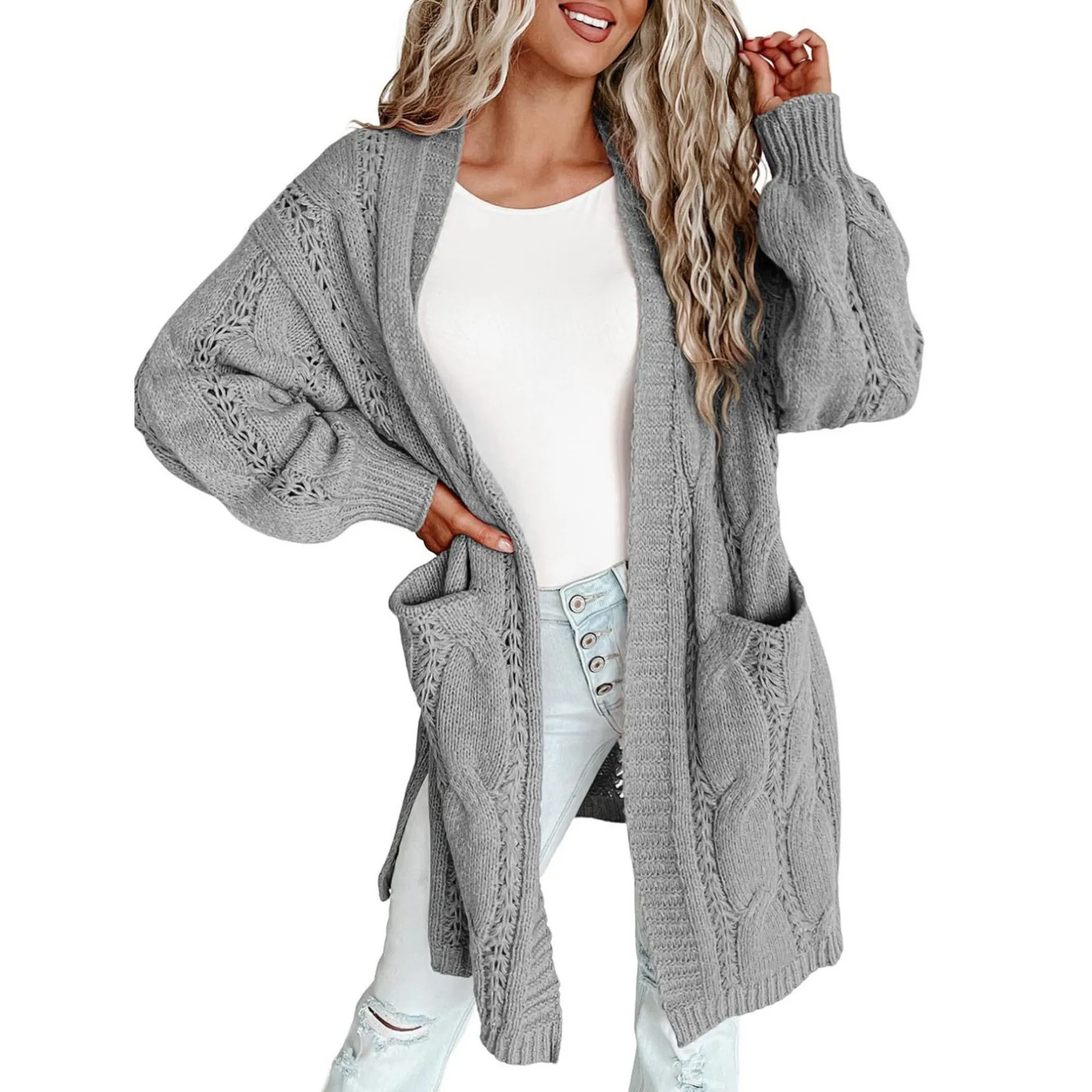 

Women's Cardigans Cable-knit Dropped Shoulder Long Cardigan Lady Open Front Long Sleeves Fall Sweaters With Pockets