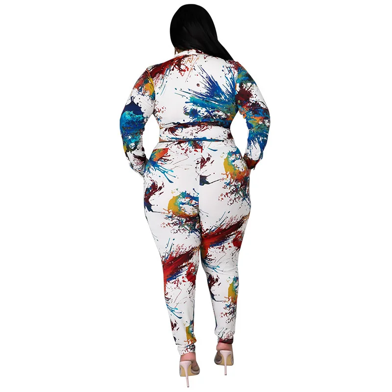 Plus Size Set Women Clothing Fall Fashion Ladies Tie Dye Long Sleeve Top Pants Suits Two Pieces 3xl 4xl 5xl 6xl