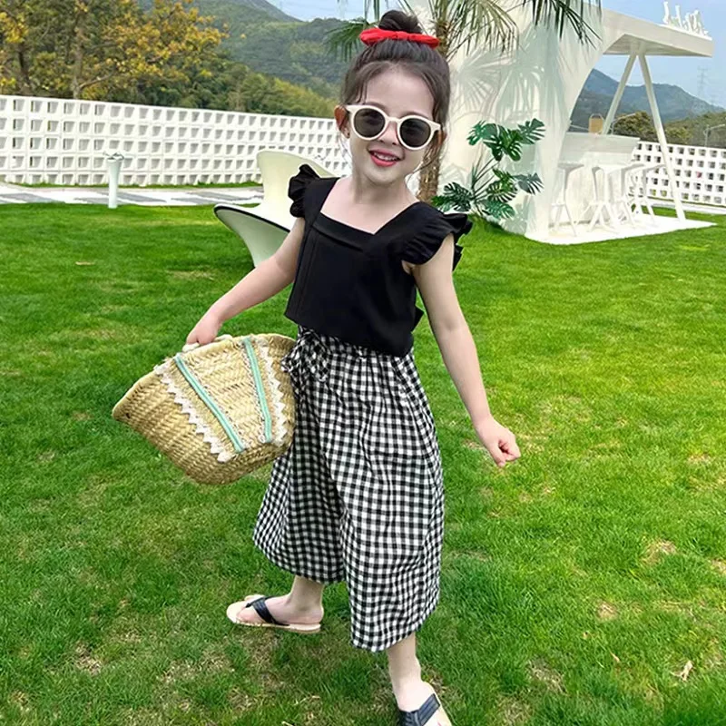 

Girls Suit Backless Lace-Up Square-Neck Top With Plaid Wide-Leg Pants Summer New Children'S Clothing