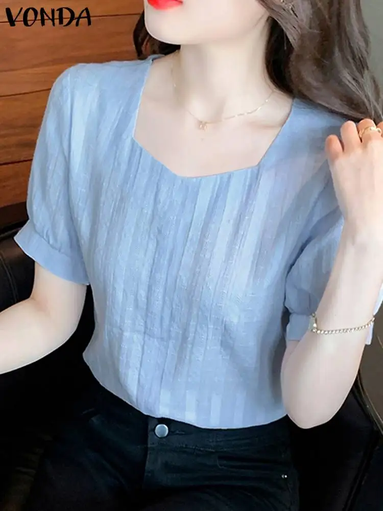 

Women's Fashion Blouses VONDA Summer Casual Shirts Short Puff Sleeve Sexy V-Neck Tunic Tops Elegant Office Blusas Femininas 2023