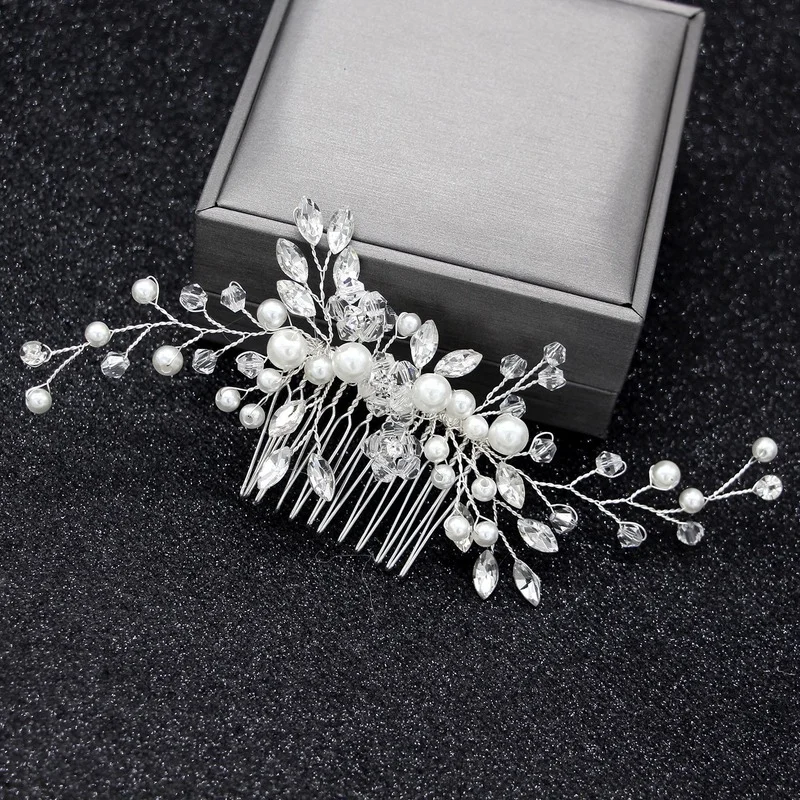 Silver Color Pearl Crystal Wedding Hair Combs Hair Accessories for Bridal Flower Headpiece Women Bride Hair Ornaments Jewelry images - 6