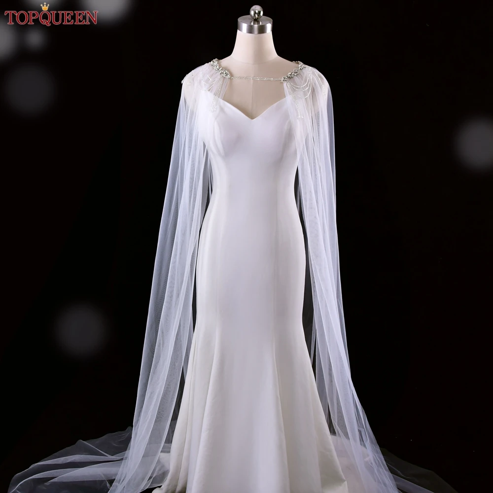 TOPQUEEN G83 Long Wedding Shawls Bridal Jackets for Wedding Dresses with Pearls Women Cape Veil White Bolero Women Wedding Plus