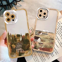 hand painted phone case for iphone x xs xr retro rural scenery cases transparent cover for iphone 7 8 plus se2 12 13 11 pro max