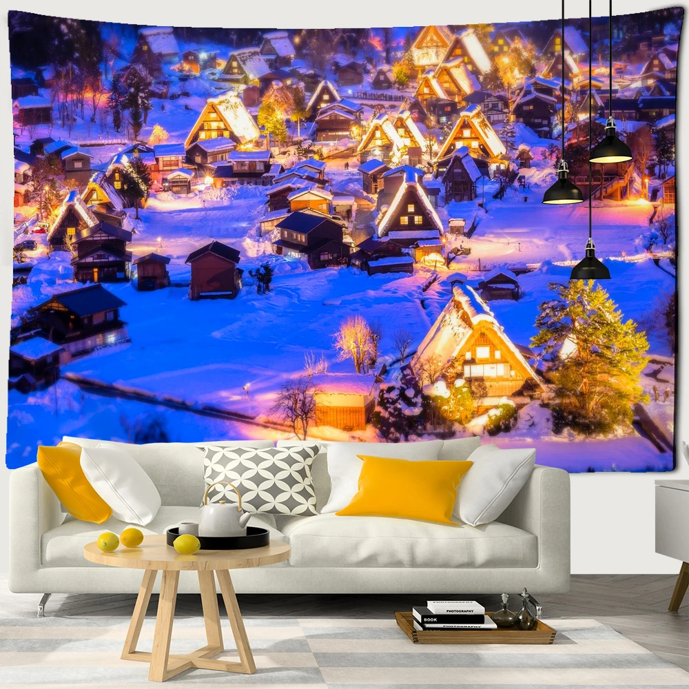 

Christmas Village Tree Snowman Tapestry Wall Hanging Natural Snow Scene Cartoon Oil Painting Aesthetics Room Hippie Home Decort