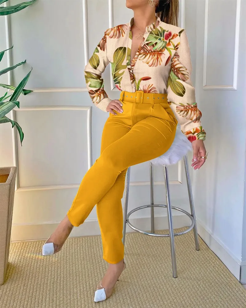 

Casual Print Shirt And Long Pant Sets Office Lady Long Sleeve Blouses Whith Solid Belt Pants Set Of Two Fashion Pieces For Women