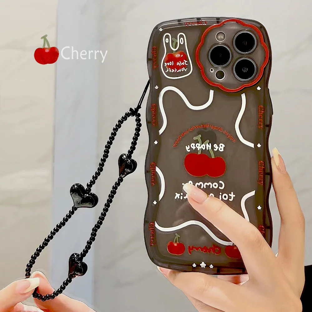 

ins Geometric Lines Red Cherry Phone Case For iPhone 12 11 Pro Max X Xs Xr 7 8 Plus SE3 Anti-fall Transparent Black Cases Cover
