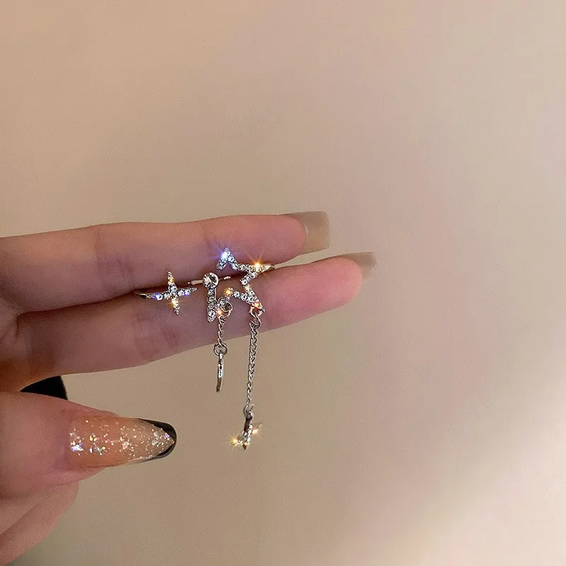 

French Diamond Star Moon Tassel Pendant Earless Ear Clip For Women Korean Fashion Earring Daily Birthday Party Jewelry Gifts
