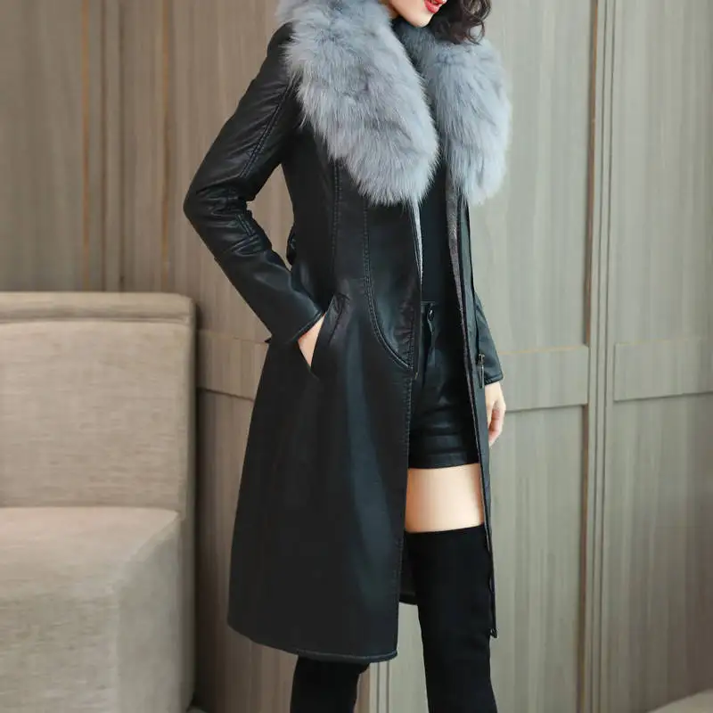 Faux Fur Collar Long Leather Coat, Women's Long  Luxurt Lady Korean Fashion Black Long Leather Windbreaker  Spring  Autumn