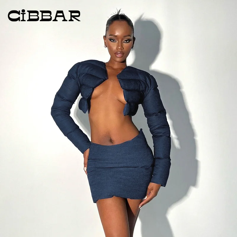 

Женский комплект из 2 предметов CIBBAR, зимний Укороченный кардиган с хлопковой подкладкой и юбка на молнии, элегантный облегающий костюм из пу...