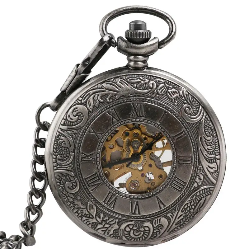 

Vintage Retro Style Unisex Men Women Skeleton Round Dial Automatic Mechanical Pocket Watch with Removable Chain