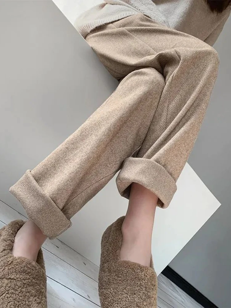 

Winter Woolen Straight Trousers Loose Thickened High Waist Slim Wide-leg Pants Elastic Waist Solid Herringbone Women's Pants