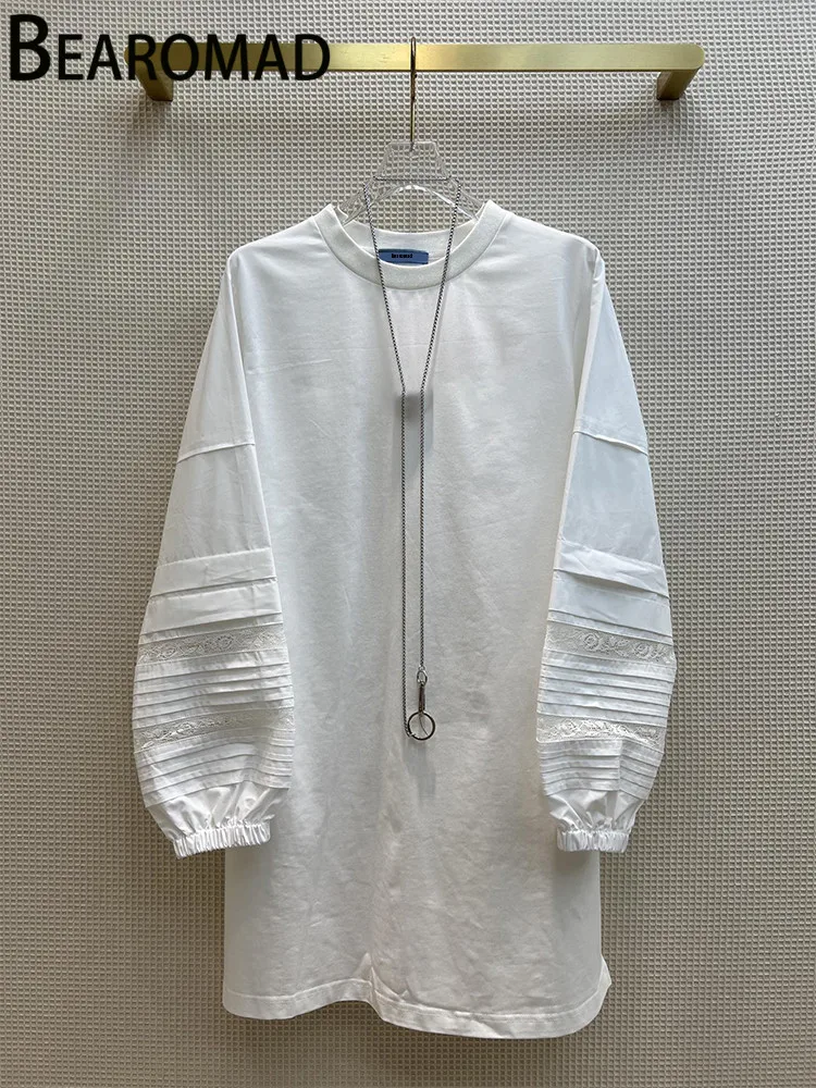 

Bearomad Summer Fashion Runway Vintage White Mini Dress Women's Lantern Sleeve Lace Metal Necklace Loose waist Split Short Dress